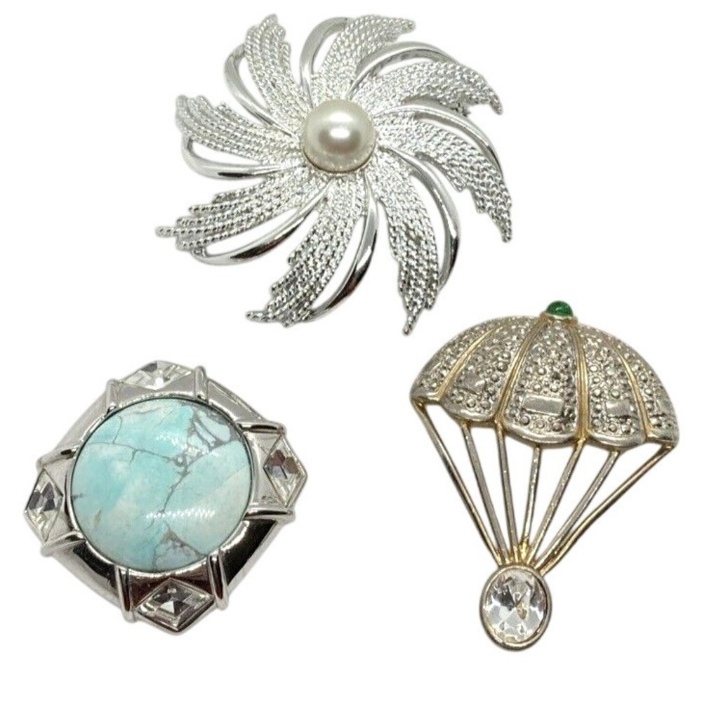 Vintage Lot of 3 Silver Tone Pin Brooch Clear Rhinestone Sarah‎ Coventry Flower